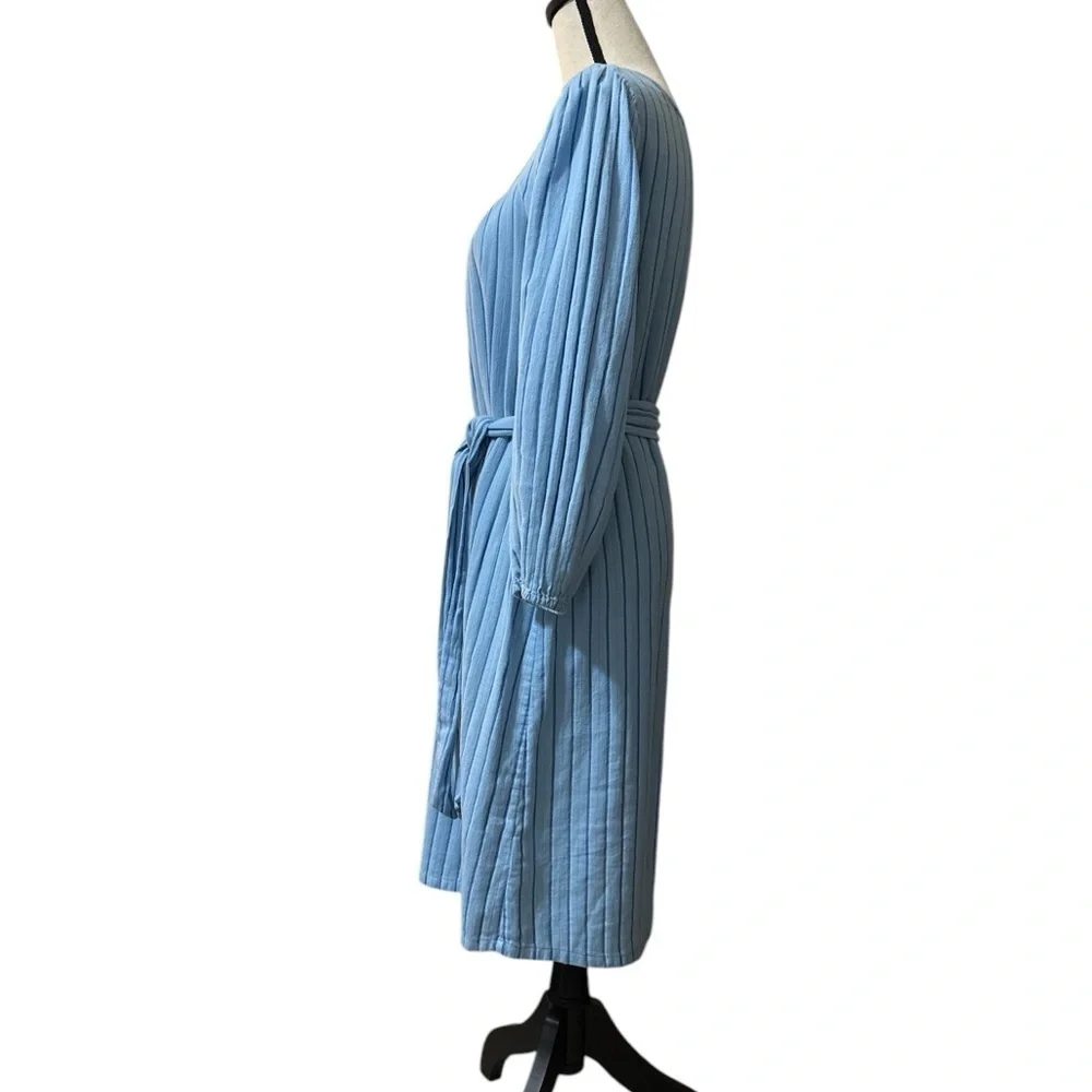 J. Crew Balloon Sleeve Tie Waist Cotton Dress in Blue Pinstripe size Medium